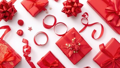 Assortment of red ribbon fragments against a white backdrop