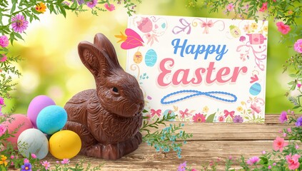 Colorful Easter eggs and a chocolate bunny displayed on rustic wood