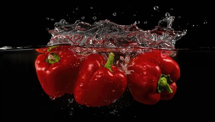Red bell pepper submerged in water with splash effect on dark backdrop, isolated, natural, culinary, healthy, fruit, garden, vibrant, agriculture, cooking