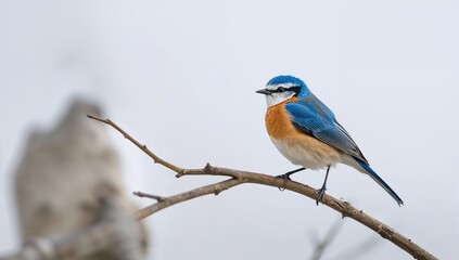 Male Himalayan Bluetail perched on a branch against a white backdrop