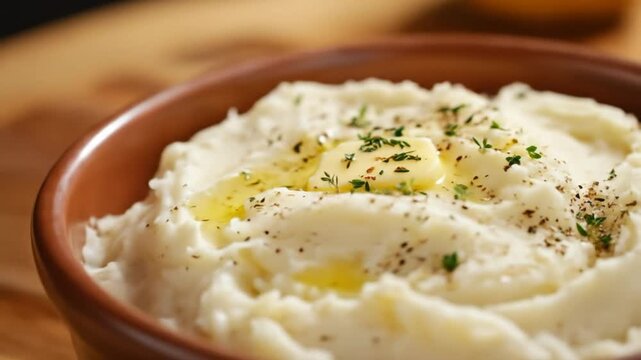 Creamy mashed potatoes with butter in brown bowl for culinary concepts