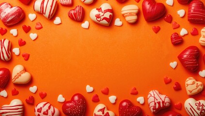 Fototapeta premium Heart-shaped sweets adorned on an orange backdrop for a romantic celebration.