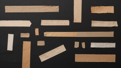 An assortment of adhesive tape pieces and strips arranged on a dark backdrop, showcasing sticky scotch and duct tape in a unique, standalone design setup.