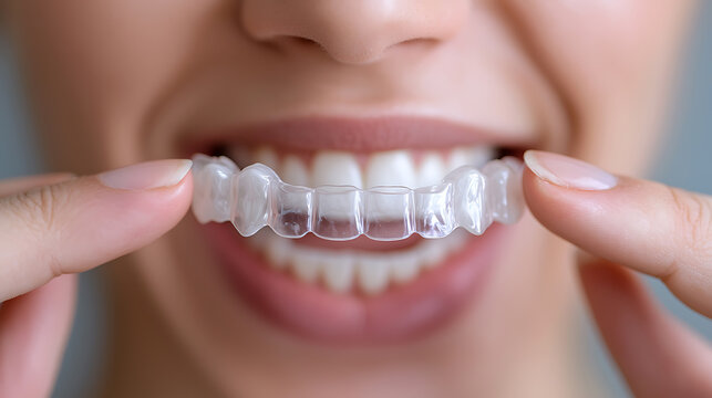 Close-up of a woman's smile with a clear aligner. Correcting dental problems with transparent braces for a confident and improved smile.