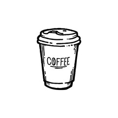 Hand-drawn takeaway coffee cup vector illustration — vintage line art of disposable paper cup with lid for cafe, barista, and coffee shop design
