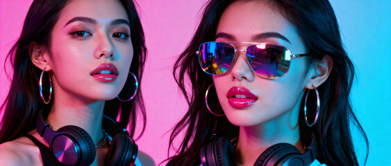 two young women with headphones