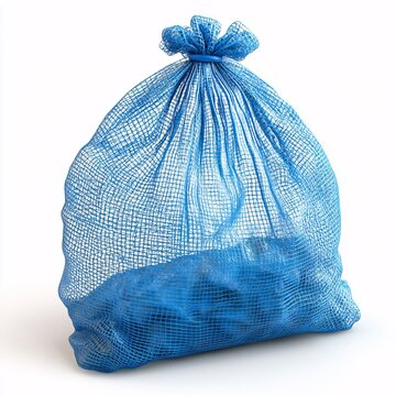 Close-up studio shot of a blue mesh sports ball bag, filled with balls and tightly secured with a drawstring on an isolated in white background. A versatile sport equipment image.