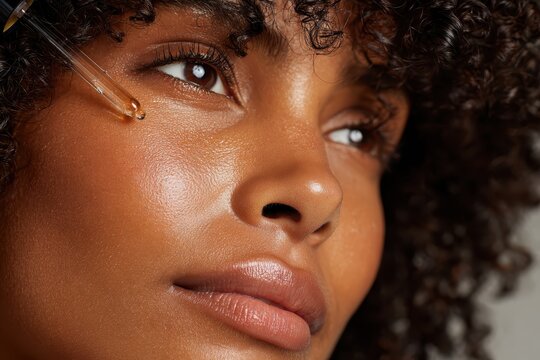 Young woman applying serum on her face. African 20s girl holding dropper and skin care product. Female applies essential oil with oily pipette. Advertising facial care cosmetics. Health, youth. Serums - Powered by Adobe