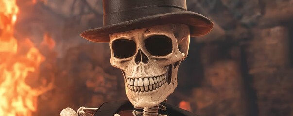 stylish skeleton in a top hat stands confidently against a fiery background, exuding a playful yet eerie vibe.