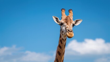 Naklejka premium Close-up of a giraffe's head with a blue backdrop