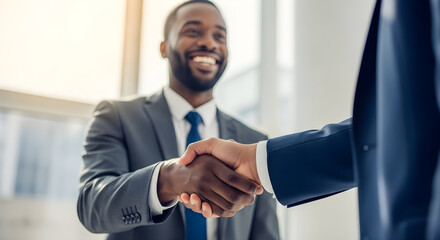 Successful business meeting conclusion with a firm handshake between two smiling professionals