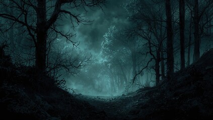 Fototapeta premium A spooky scene set in a ghostly forest captured in this illustration. Imagine a Halloween-themed woodland. Illustrated in a comic-book manner. A strange, dark, and frightening visual backdrop created