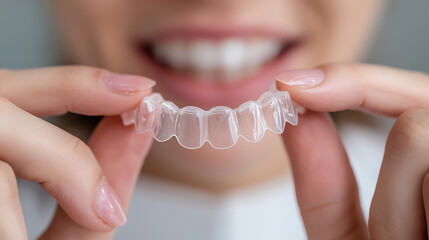 Clear aligner: A woman smiles, holding transparent dental aligners. Cropped view, focusing on teeth straightening and orthodontic healthcare. Orthodontic solution.