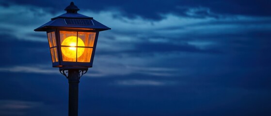 Solar lamp post illuminating night sky warm yellow light dark blue clouds classic design