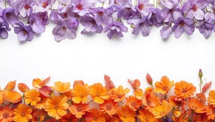 Elegant upper floral frame with a lively mix of purple and orange blossoms set against a white backdrop for decorative use.