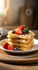 A stack of golden-brown waffles topped with fresh strawberries and blueberries, dusted with powdered sugar.
