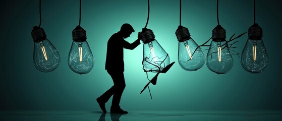 Silhouette person interacting with intact and broken lightbulbs teal background