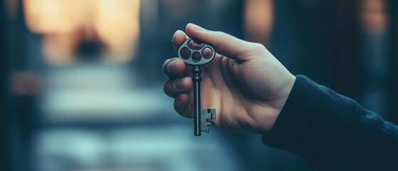 Antique skeleton key held in hand dark moody close up