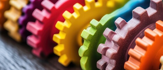 Colorful interlocking gears teamwork technology and mechanics concept