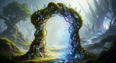 Mossy portal archway with light and crystals in fantastical forest scenery