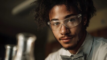 A young man wearing safety goggles and a bow tie looking forward in a laboratory setting