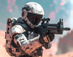 Obraz premium Military robot aiming futuristic rifle in desert battlefield