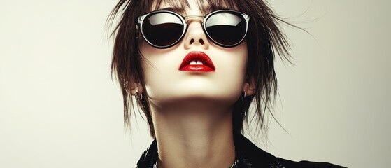 Stylish woman in sunglasses red lipstick close up portrait fashion beauty image