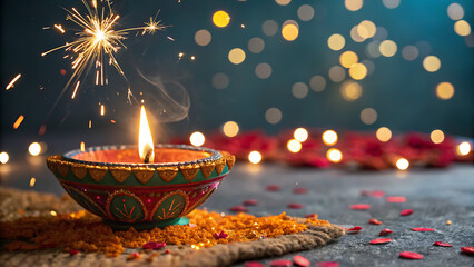 Oil lamp decoration in happy Diwali festival. background bokeh lights and glittering