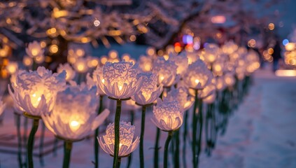 Illuminated Snow Blossoms Along a Winter Lantern Trail
