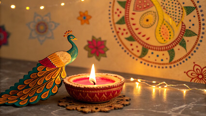 Happy Diwali Poster with Diya Lamp and Peacock. Indian festival of lights Design