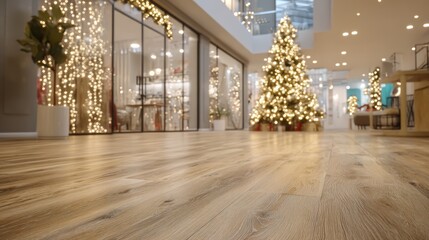 A beautifully decorated indoor space featuring a Christmas tree adorned with lights. The floor is wooden, and the area is illuminated with warm lighting. background
