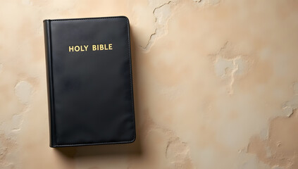 Holy Bible in black leather cover on neutral background. Generative AI
