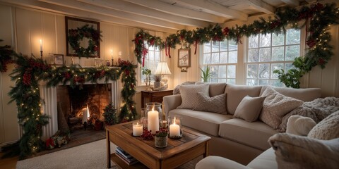Cozy living room with festive holiday decorations and candlelit ambiance