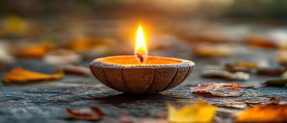 Illuminated candle with autumn leaves on stone surface
