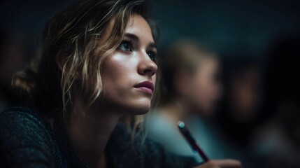 Fototapeta premium A young woman in a classroom setting focused and thoughtful attentively listening or taking notes with a pen