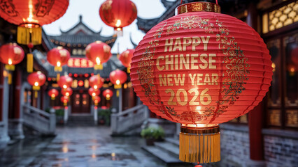 Red Chinese New Year 2026 Lantern Hanging in Traditional Temple Courtyard with Red Pillars