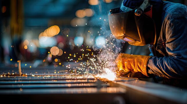 A welder works meticulously, creating sparks in a dimly lit workshop, showcasing the intricate artistry of metalwork.
