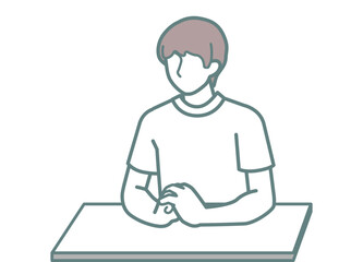 Man sitting at a desk with fingers interlaced, shown in color. Suitable for illustrating concentration, listening, or professional behavior in business or educational contexts.