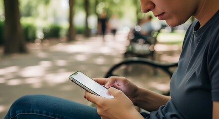 A woman using her smartphone while sitting on a bench in a park on a sunny day outdoors relaxing
