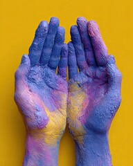 Creative hand painting art with vibrant blue and yellow powder colors, creative hand painting concept for DIY crafts and pop art design, creative hand painting artwork for colorful hobby inspiration