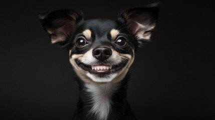 Smiling small dog portrait dark fur closeup happy expression