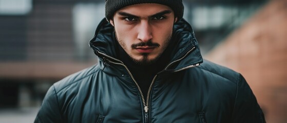 Intense closeup portrait of bearded man in winter jacket