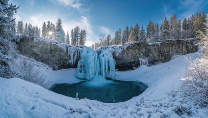 Icy cascade of the Chegemsky waterfall during winter