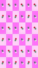 Seamless pink checkered pattern with simple red and white flowers. Cute and minimal floral background design in pastel tones, perfect for textile prints, wrapping paper, wallpaper, and digital project