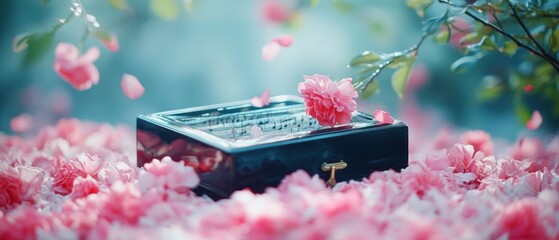 Pink rose petals and music box romantic floral scene