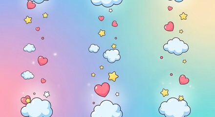Pastel rainbow background with clouds, hearts, and stars floating around it