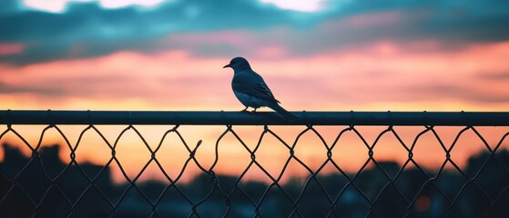 Bird silhouette at sunset on chain link fence