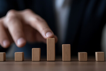 Wooden blocks show growth. Hand interacts with a wooden toy column. Concept for improvement and success.
