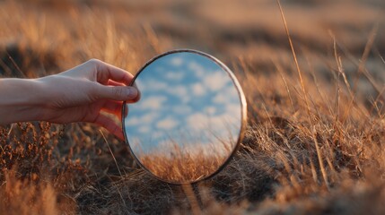 Hand Holding Round Mirror Reflecting Sky In Dry Grass Field. Symbolizes Reflection And Nature'S Beauty
