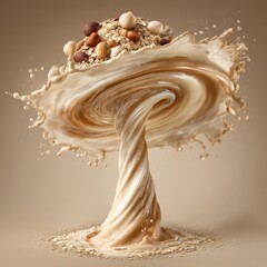 Dynamic Swirl of Liquid with Nuts and Oats Captured in High-Speed Photorealism